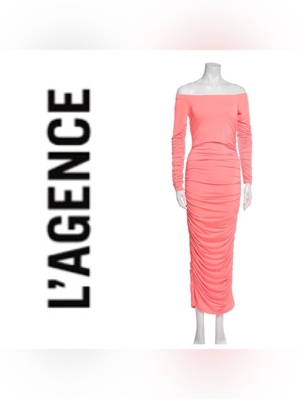 L'AGENCE Neon Coral Off-Shoulder Ruched Maxi Dress